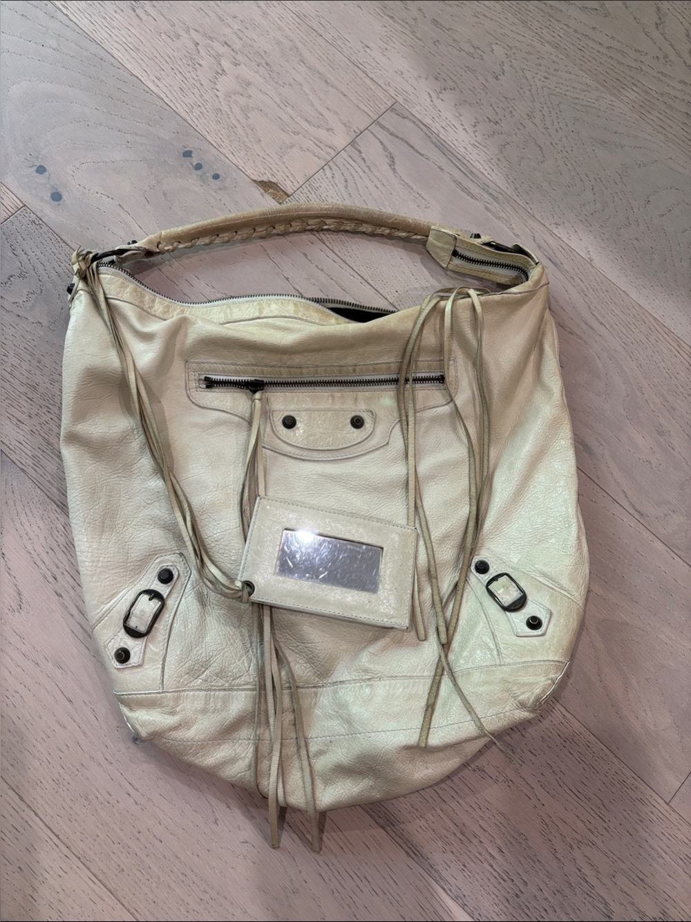 BALENCIAGA Cream Leather Hobo Bag.
